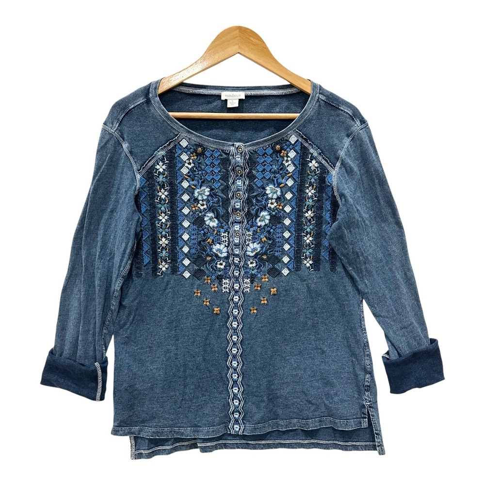 Sundance Womens Blue Embroidered Floral Henley Long Sleeve Cotton Top Large